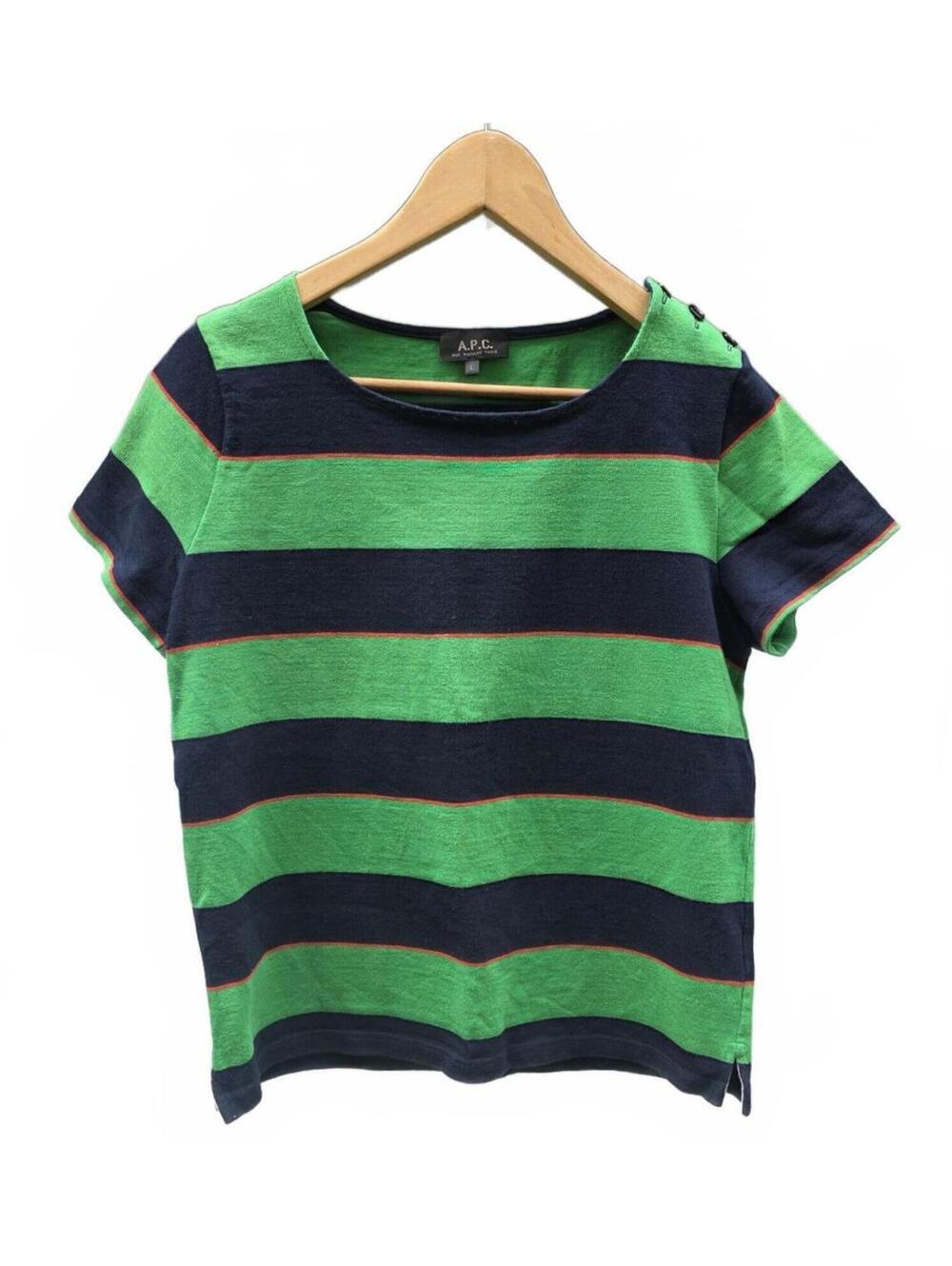 A.P.C. Paris Striped Square Neck 100% Cotton Top -Green/Navy  Lg